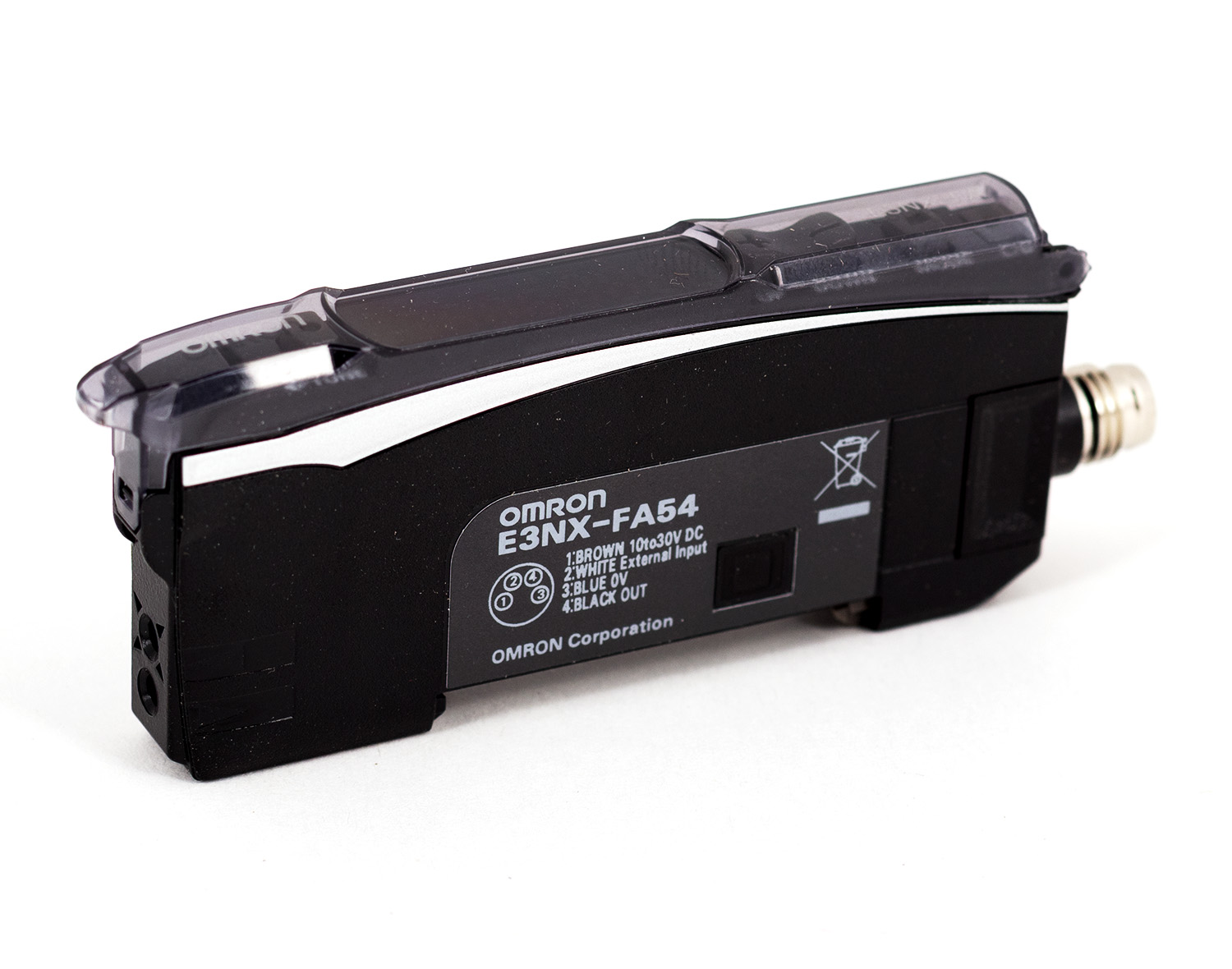 Omron E3NX-FA54 волоконно-оптический усилитель с PNP-выходом, Smart Tuning, двойным цифровым дисплеем и временем отклика до 30 мкс для высокоточного обнаружения объектов.