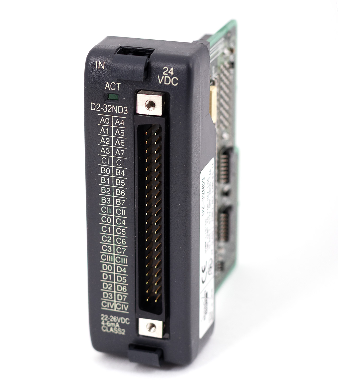 AutomationDirect D2-32ND3 32-канальный модуль дискретного ввода DL205. 24 В DC, sink/source, 4 изолированные группы по 8, ток 8 мА, светодиоды, съемный разъем 40 контактов.