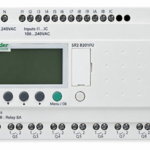 Schneider SR2B201FU компактное программируемое реле Zelio Logic. 12 входов, 8 релейных выходов, 100–240 В AC, часы, дисплей, EEPROM.